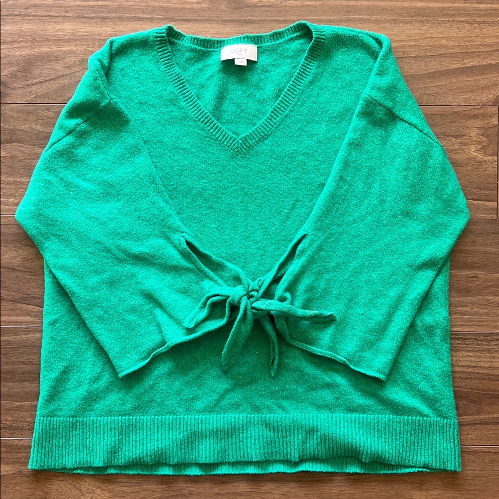 LOFT Green V-Neck Sweater with Tie Detail 3/4 sleeves